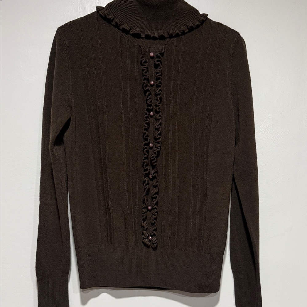 Carolyn Taylor Chocolate Brown Ruffled Turtleneck Sweater